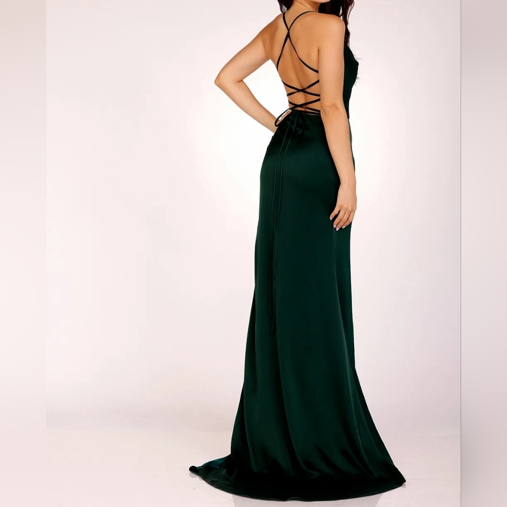 Cowl Neck Sleeveless Lace Up Back Emerald Formal Dress